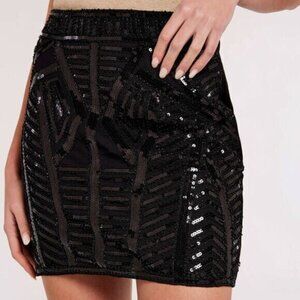 Womens Black Slim Fit Sequin Bead Placement Pencil Mini Skirt